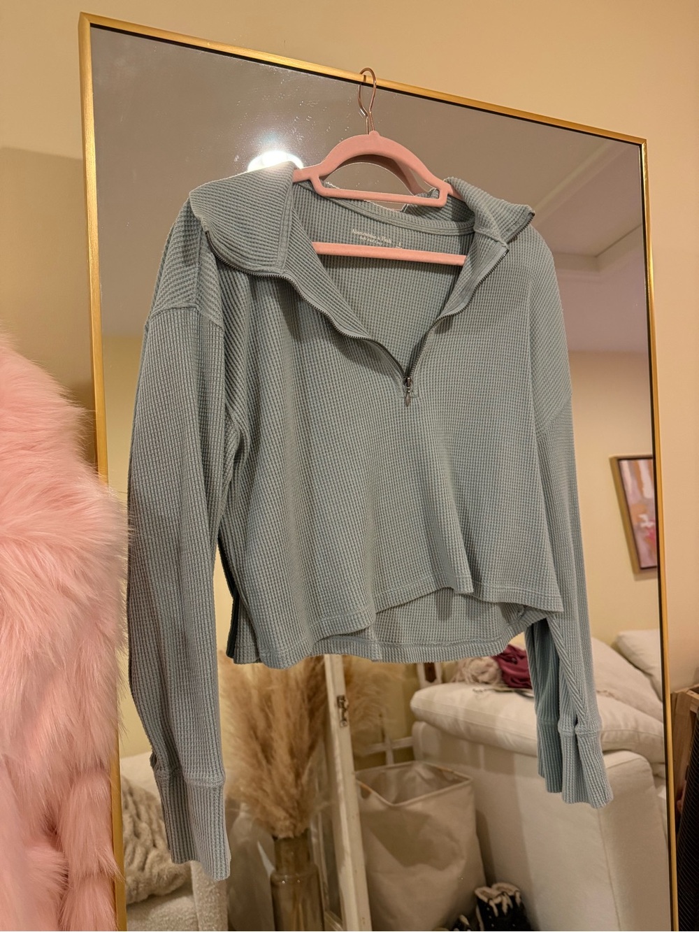 Abercrombie & Fitch Sage Green Waffle Half-Zip Hoodie